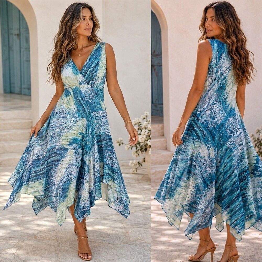 Maggie Barnes 28W Coastal Cowgirl Handkerchief Maxi Dress Blue Paisley Resort